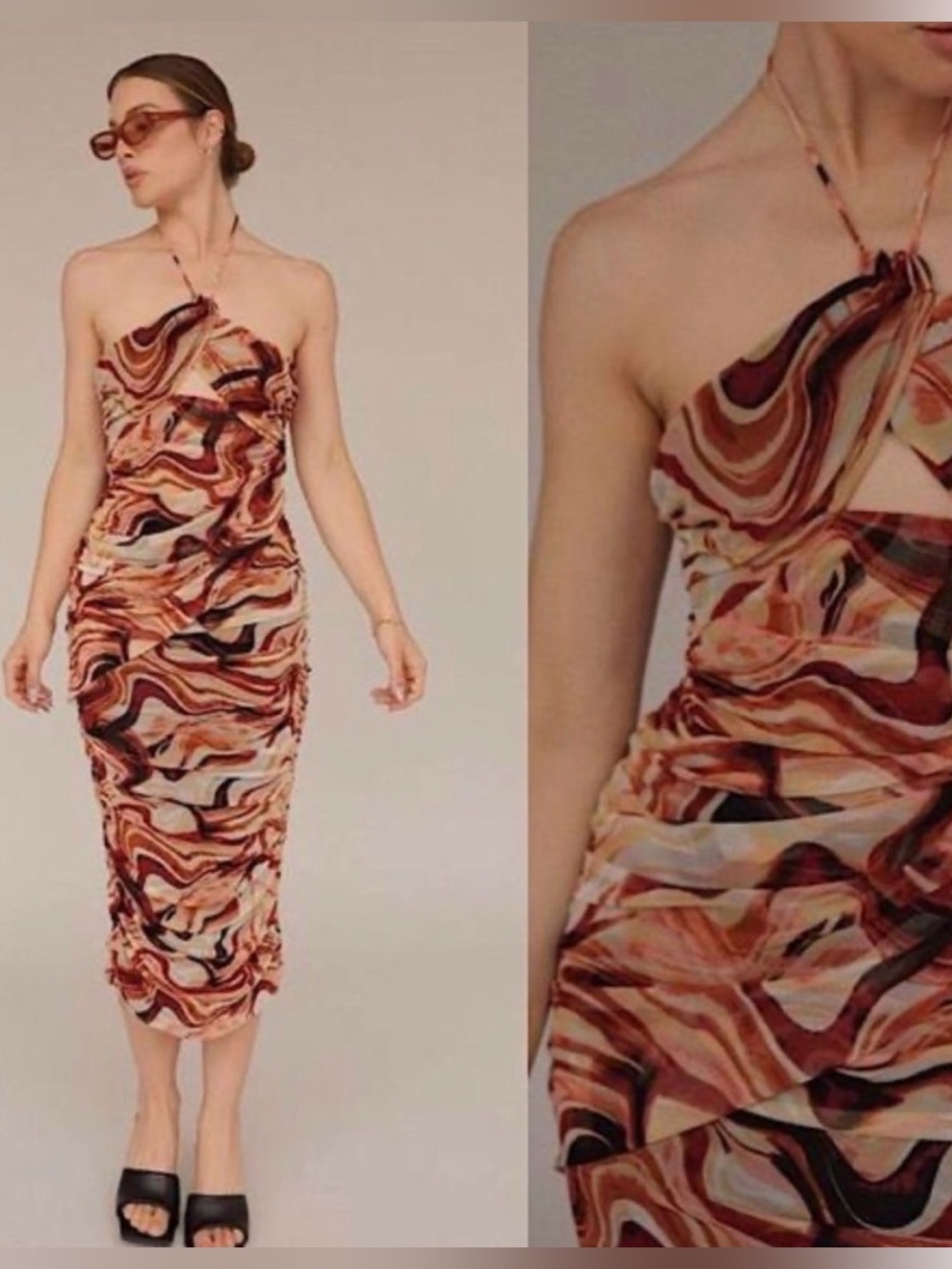 En Saison One-Shoulder Ruched Dress in Brown & Cream Swirl